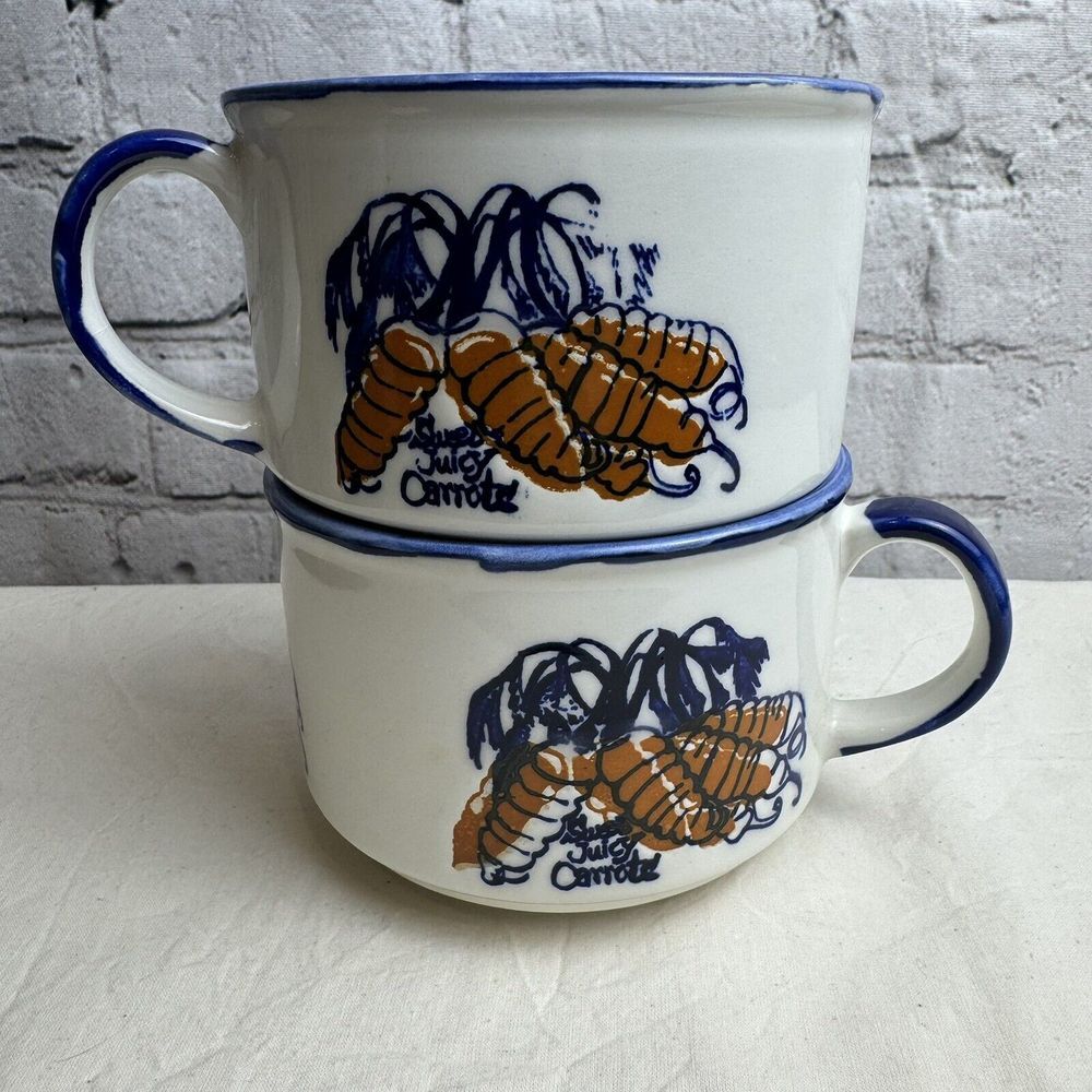 VTG Japan Otagiri Blue &‎ White Large Coffee Mug Soup Bowl Carrots Stackable